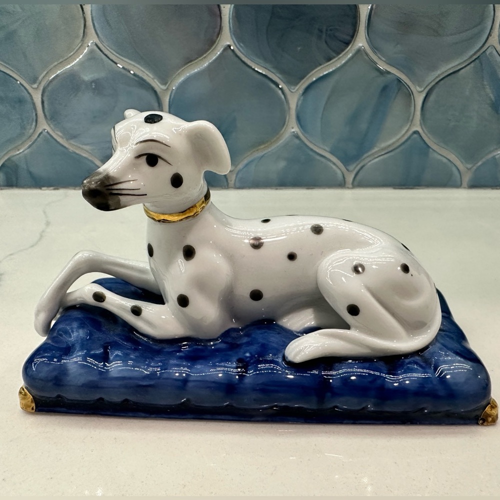 Staffordshire Dalmatian dog vintage figurine, blue cushion